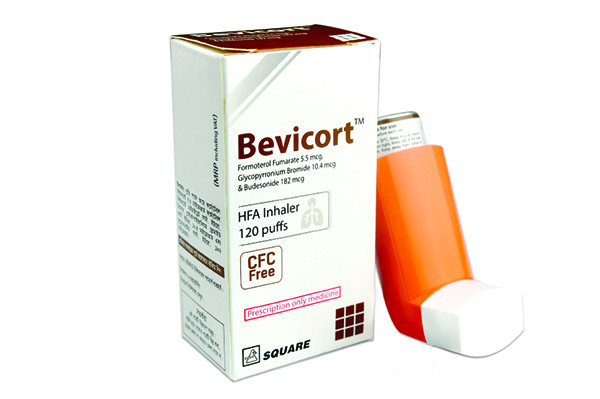 Bevicort Metered-Dose Inhaler (MDI),  Formoterol Fumarate + Glycopyrrolate + Budesonide (5.5 mcg+10.4 mcg+182 mcg)/actuation
