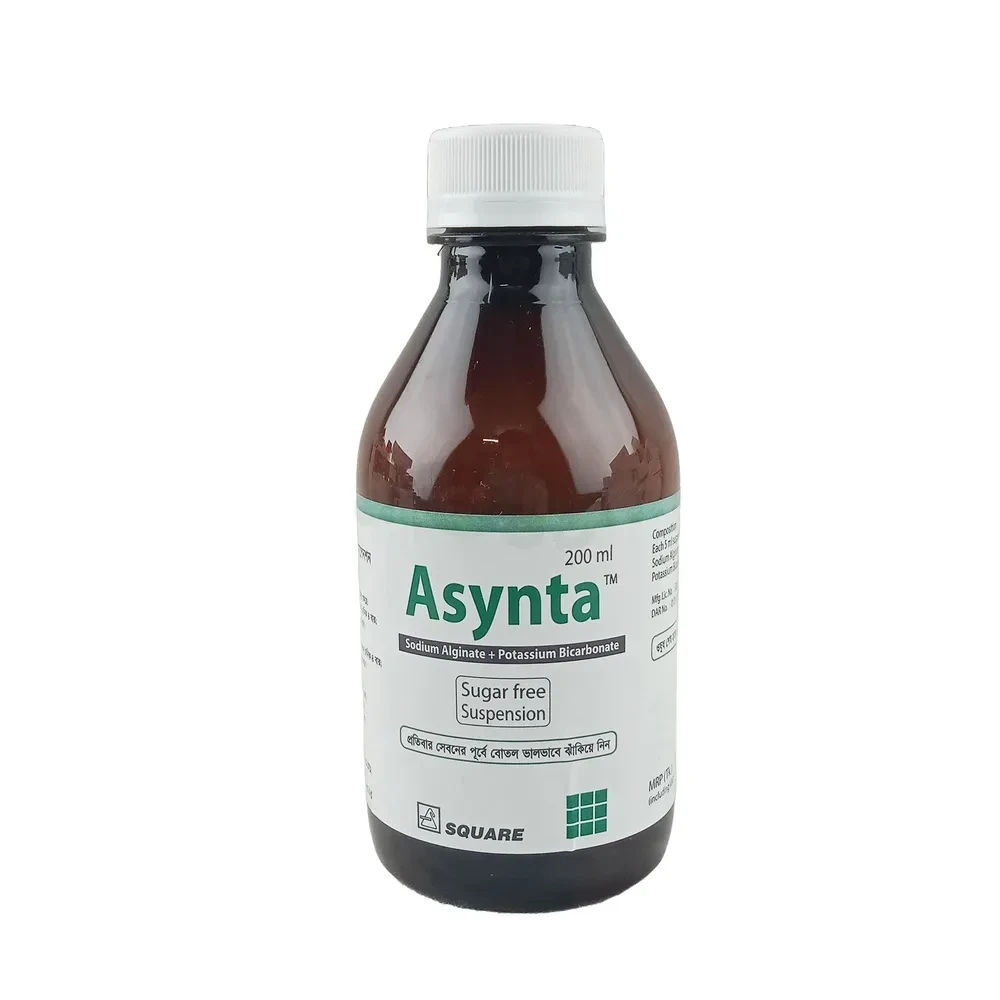 Asynta Oral Suspension,  Sodium Alginate + Potassium Bicarbonate (500 mg+100 mg)/5 ml, 200ml bottle