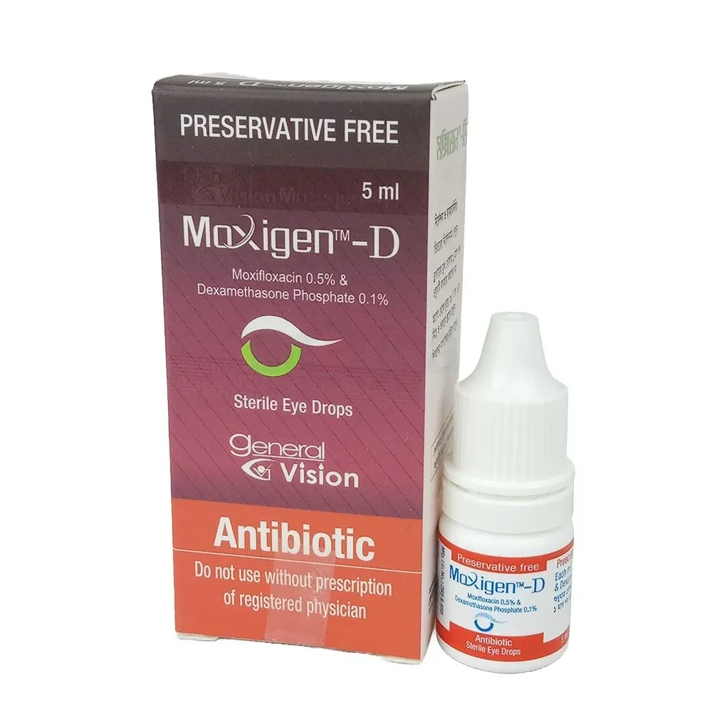 Moxigen D Ophthalmic Solution 5 ml drop, Moxifloxacin Hydrochloride + Dexamethasone 0.5%+0.1%