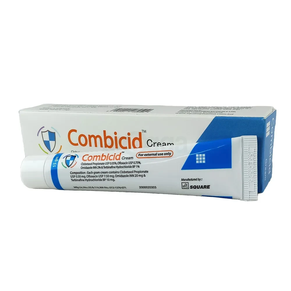 Combicid Cream 15gm, Clobetasol Propionate + Ofloxacin + Ornidazole + Terbinafine 0.05%+0.75%+2%+1%