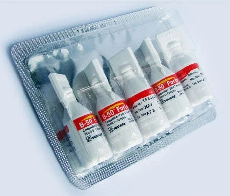 B-50 Forte IM/IV Injection, Vitamin B complex (50 mg+5.48 mg+100 mg+5 mg+10 mg)/2 ml