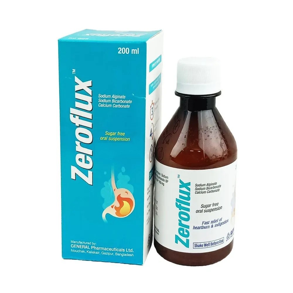 Zeroflux Oral Suspension 200 ml bottle, Sodium Alginate + Sodium Bicarbonate + Calcium Carbonate (500 mg+267 mg+160 mg)/10 ml