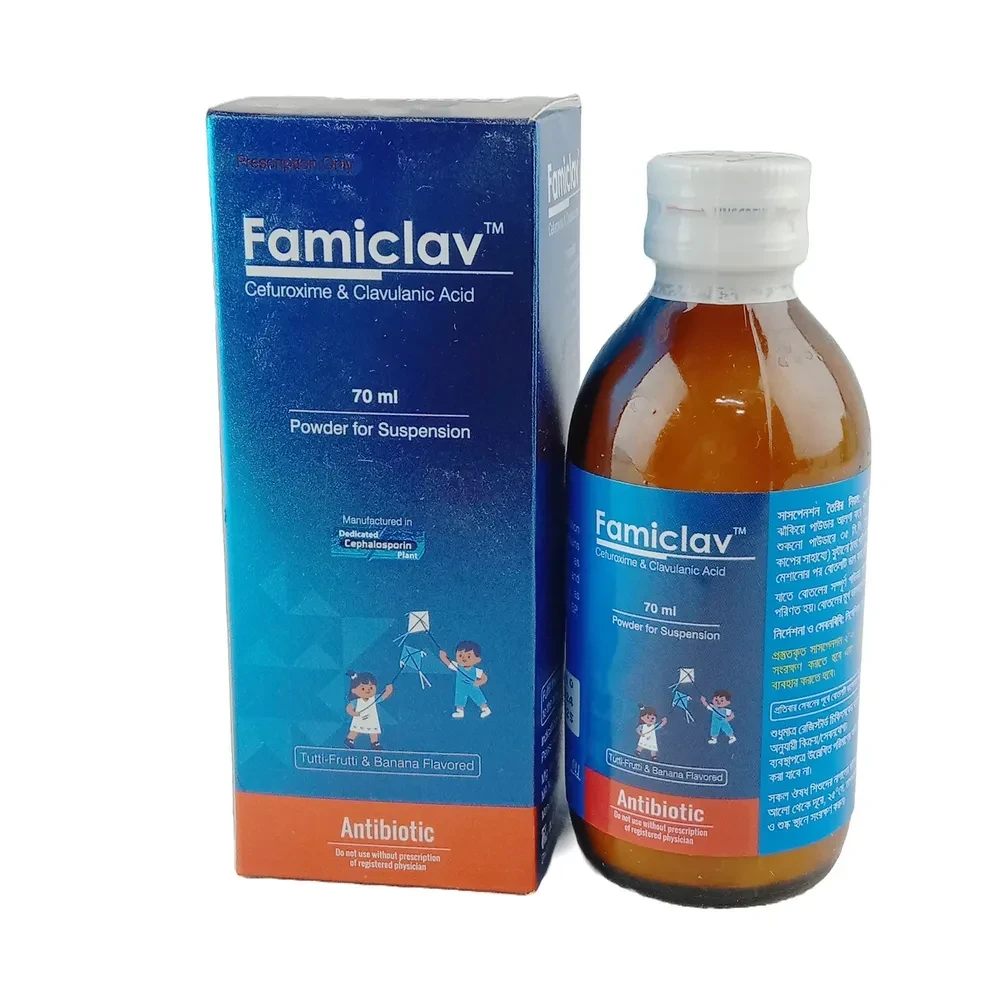 Famiclav Powder for Suspension 70 ml bottle, Cefuroxime Axetil + Clavulanic Acid (125 mg+31.25 mg)/5 ml