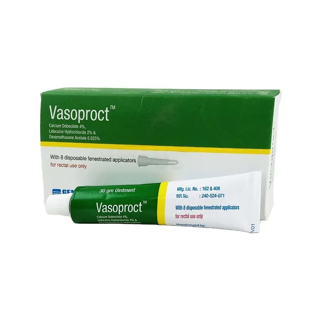 Vasoproct Rectal Ointment 30 gm tube, Calcium Dobesilate + Lidocaine + Dexamethasone 4%+2%+0.025%