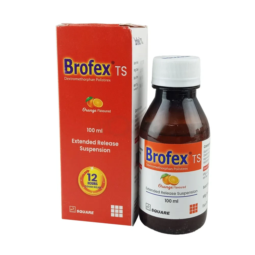 Brofex TS Extend Release Suspension,  Dextromethorphan Polistirex 30 mg/5 ml, 100ml